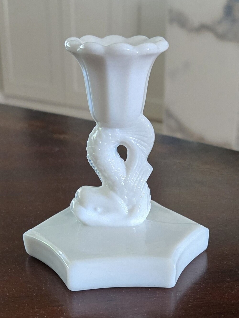 Vintage Milk Glass (Dolphin/Serpent/Koi Fish) Candlestick Holder